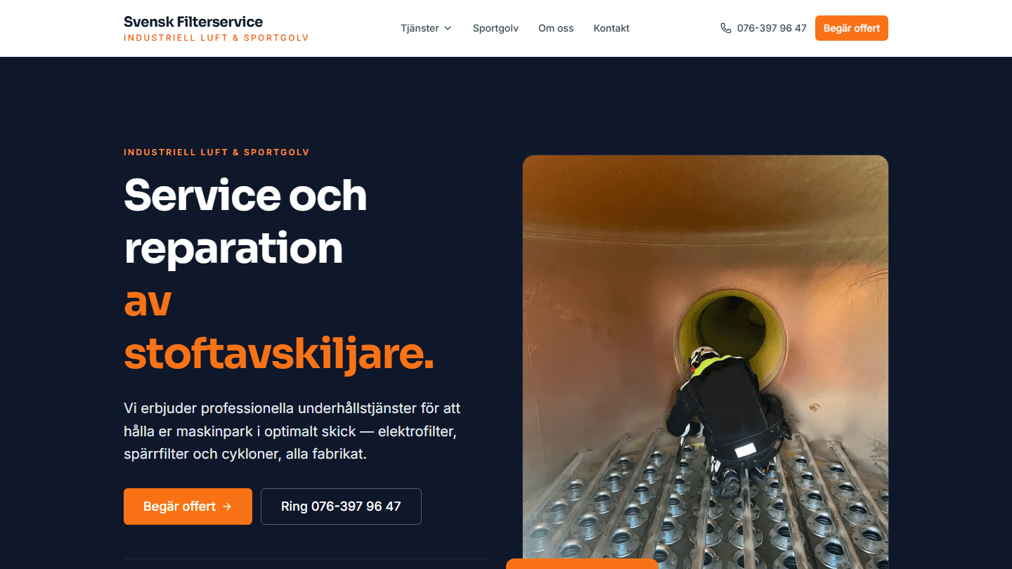 Svensk Filterservice — startsidan på sajten jag byggde